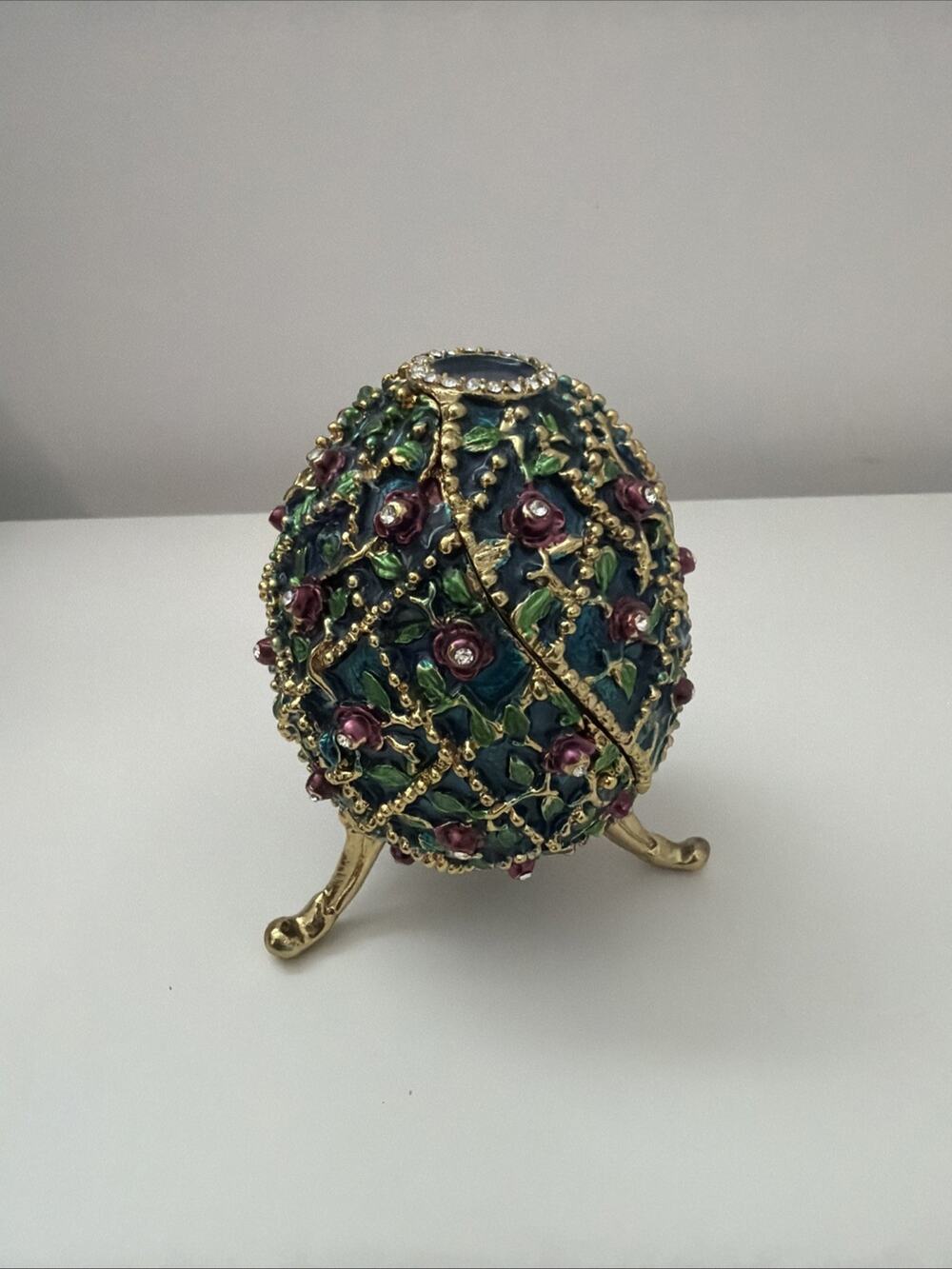 Floral Rhinestone Magnetic Trinket Box - Enameled - Blue/Green/Gold/Purple